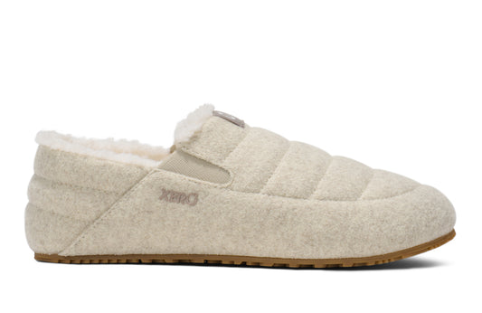 Xero Shoes Canada, specifically men’s barefoot shoes Canada. These minimalist shoes have flexible soles, wide toe boxes, and zero drop. Side view of Xero Men's Pagosa Cozy  in Marled Cream. Comfy fluffy slipper. 