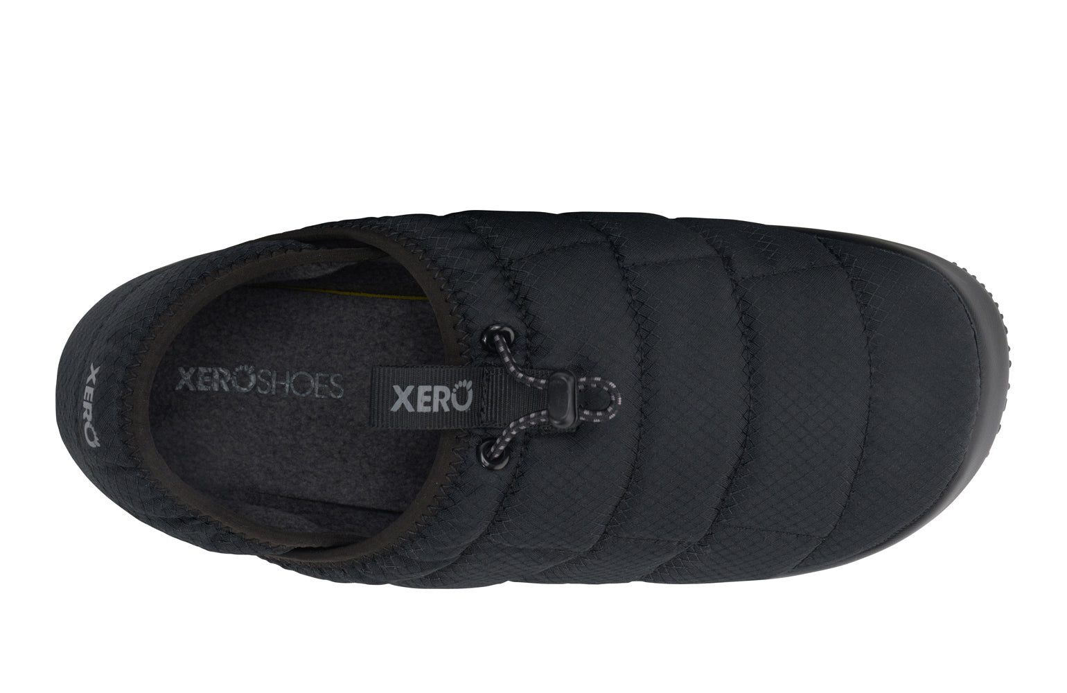 Xero Shoes Canada, specifically men’s barefoot shoes Canada. These minimalist shoes have flexible soles, wide toe boxes, and zero drop. Top view of Xero Men's Pagosa Fireside  in Black. Comfy fluffy slipper. 