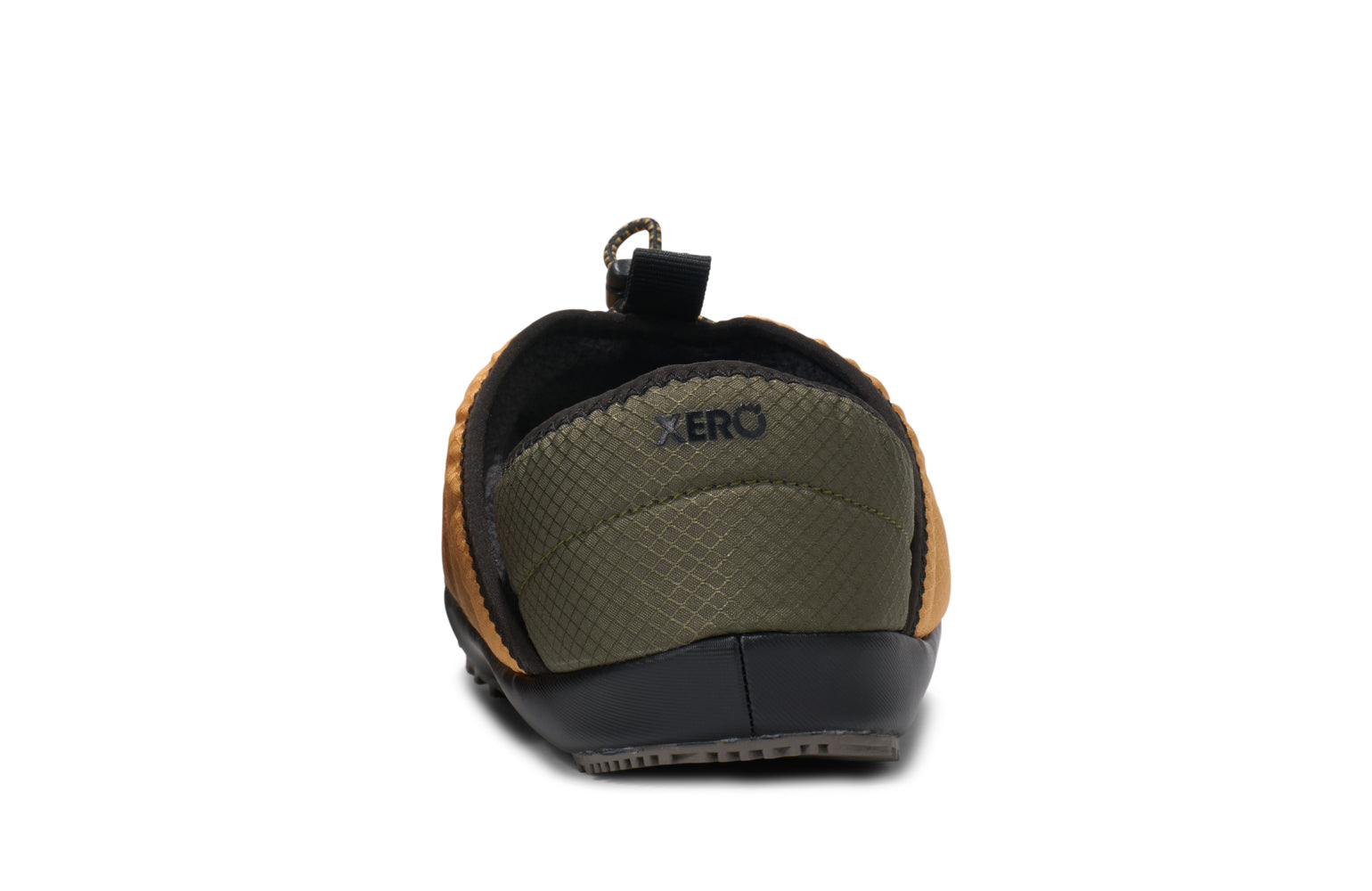 Xero Shoes Canada, specifically men’s barefoot shoes Canada. These minimalist shoes have flexible soles, wide toe boxes, and zero drop. Back view of Xero Men's Pagosa Fireside  in Oak Buff. Comfy fluffy slipper. 