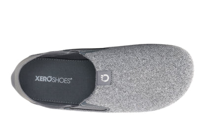 Xero Shoes Canada, specifically men’s barefoot shoes Canada. These minimalist shoes have flexible soles, wide toe boxes, and zero drop. Top view of Xero Men's Pagosa in Light Gray. Lightweight slipper. 