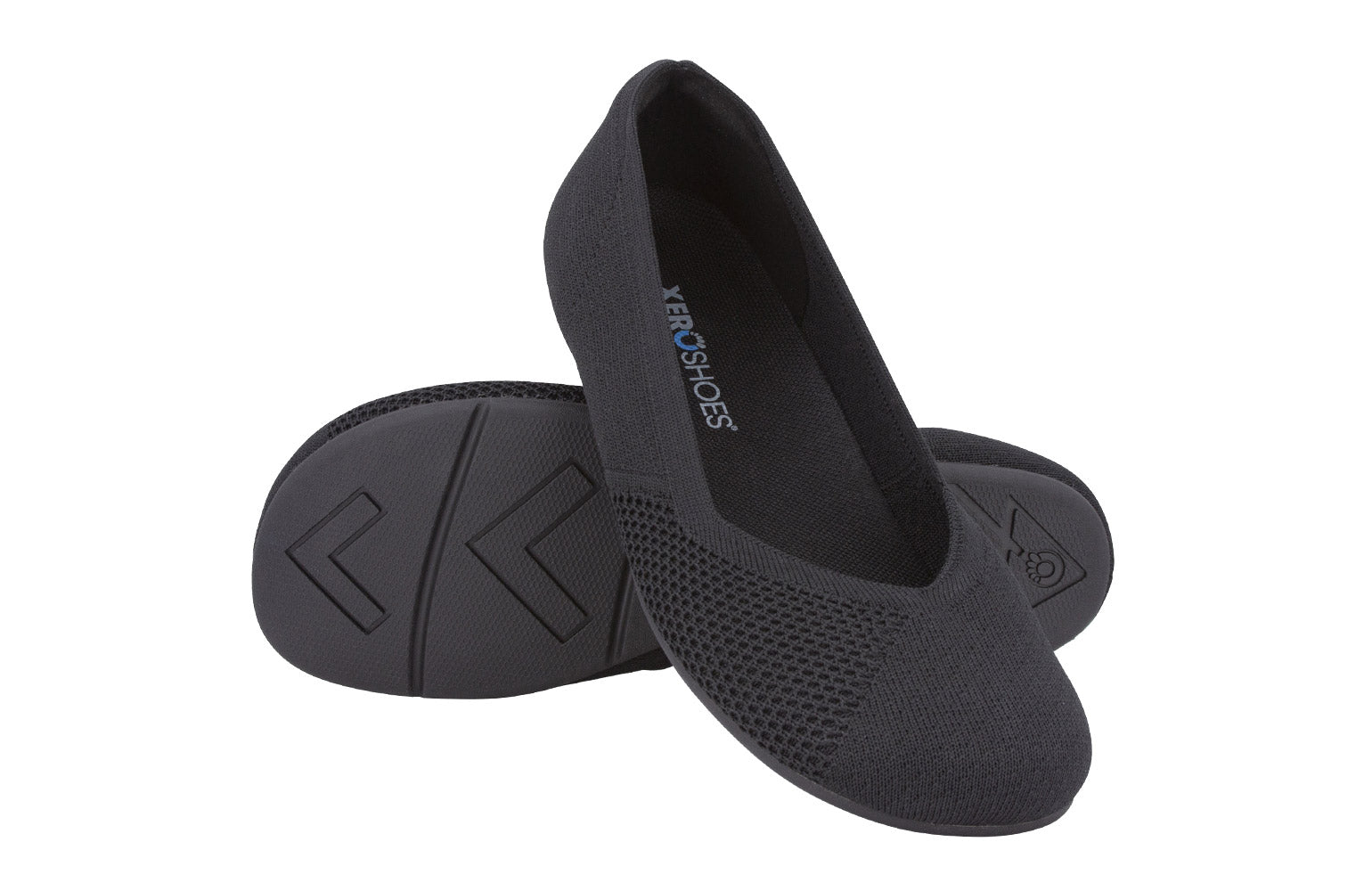 Xero Shoes Canada, specifically women’s barefoot shoes Canada. These minimalist shoes have flexible soles, wide toe boxes, and zero drop. Angled pair view of Xero Women's Phoenix Knit in Black. Women's casual flat. 