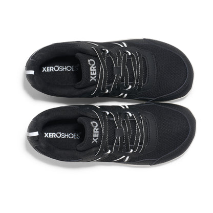 Xero Barefoot Shoes for kids sold in Ontario, Canada. These minimalist shoes have flexible soles, wide toe boxes, and zero drop. Top view of Xero Kid's Prio in Black/White. Casual kid's sneaker.
