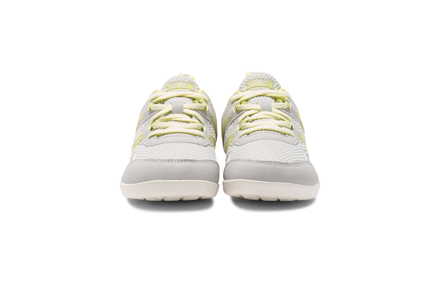 Xero Barefoot Shoes for kids sold in Ontario, Canada. These minimalist shoes have flexible soles, wide toe boxes, and zero drop. Front view of Xero Kid's Prio in Lunar Rock/Sunny Lime. Casual kid's sneaker.