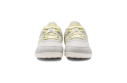 Xero Barefoot Shoes for kids sold in Ontario, Canada. These minimalist shoes have flexible soles, wide toe boxes, and zero drop. Front view of Xero Kid's Prio in Lunar Rock/Sunny Lime. Casual kid's sneaker.