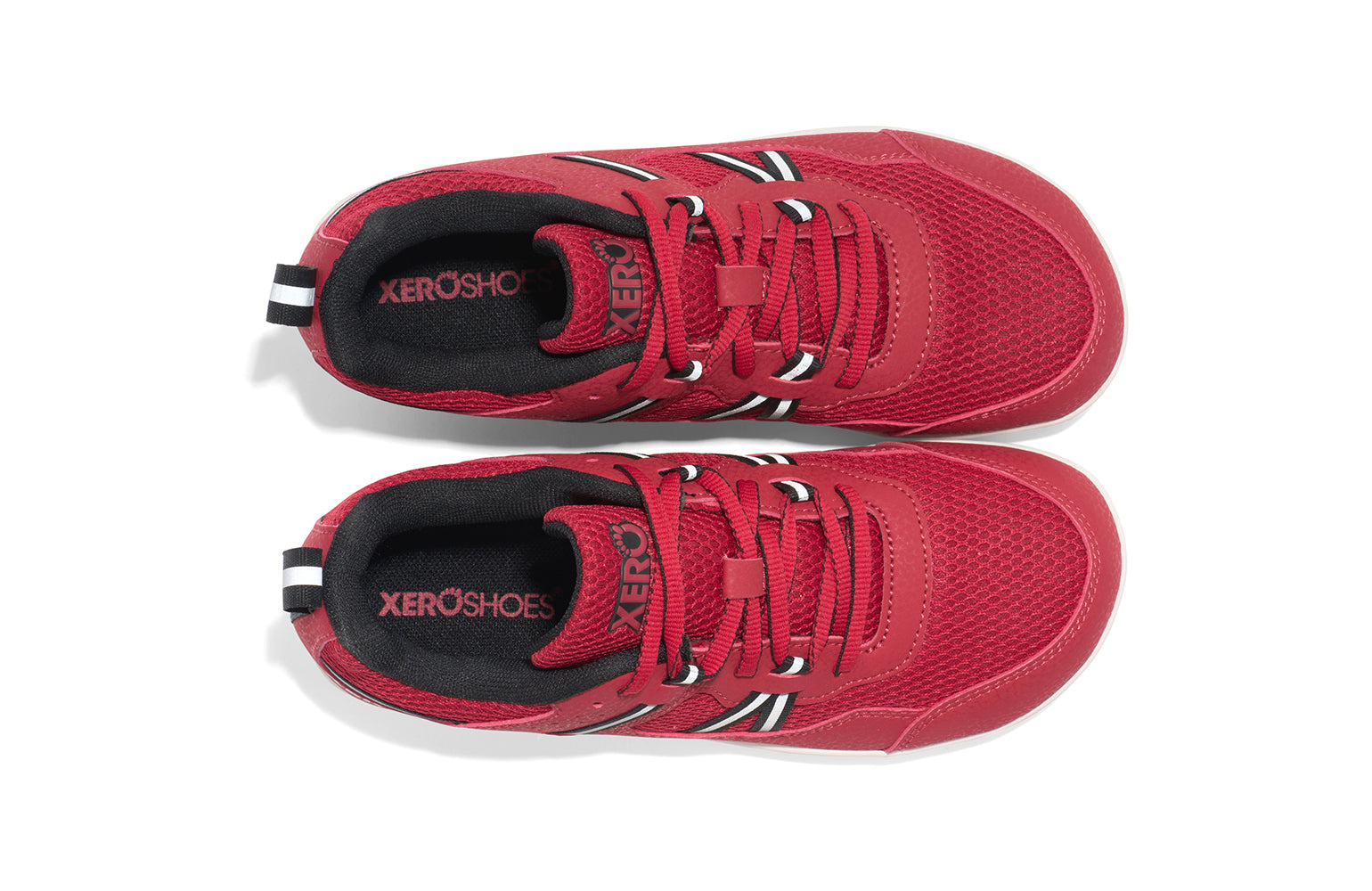 Xero Barefoot Shoes for kids sold in Ontario, Canada. These minimalist shoes have flexible soles, wide toe boxes, and zero drop. Top view of Xero Kid's Prio in Salsa Red/Black. Casual kid's sneaker.