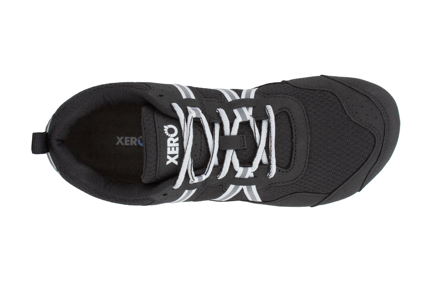 Xero Shoes Canada, specifically men’s barefoot shoes Canada. These minimalist shoes have flexible soles, wide toe boxes, and zero drop. Top view of Xero Men's Prio in Black White. A running and fitness shoe. 