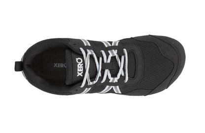 Xero Shoes Canada, specifically women’s barefoot shoes Canada. These minimalist shoes have flexible soles, wide toe boxes, and zero drop. Top view of Xero Women's Prio in Black/White. A running and fitness shoe. 
