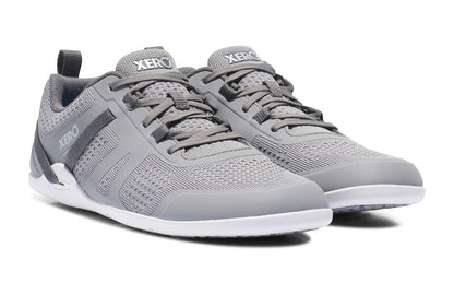 Xero Shoes Canada, specifically barefoot running shoes Canada. These minimalist shoes have flexible soles, wide toe boxes, and zero drop. Angled view of Xero Men's Prio Neo in Alloy. Shoes made for performance and comfort. 