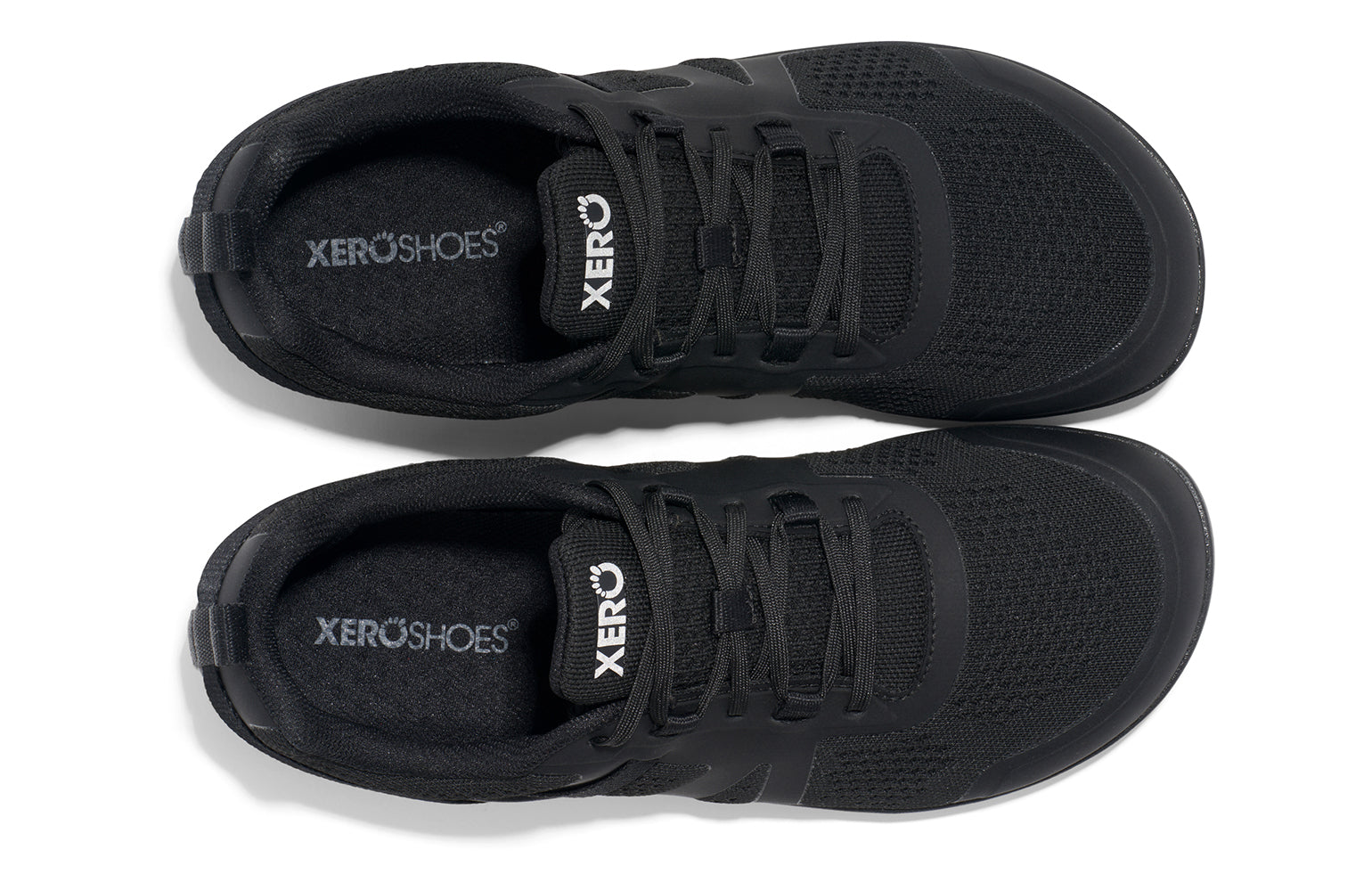 Xero Shoes Canada, specifically barefoot running shoes Canada. These minimalist shoes have flexible soles, wide toe boxes, and zero drop. Top view of Xero Men's Prio Neo in Black. Shoes made for performance and comfort. 