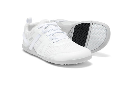 Xero Shoes Canada, specifically barefoot running shoes Canada. These minimalist shoes have flexible soles, wide toe boxes, and zero drop. Pair view of Xero Women's Prio Neo in White. Shoes made for performance and comfort. 