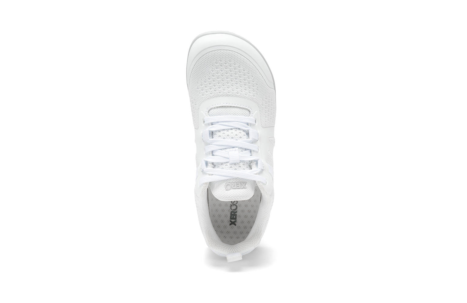 Xero Shoes Canada, specifically barefoot running shoes Canada. These minimalist shoes have flexible soles, wide toe boxes, and zero drop. Top view of Xero Women's Prio Neo in White. Shoes made for performance and comfort. 