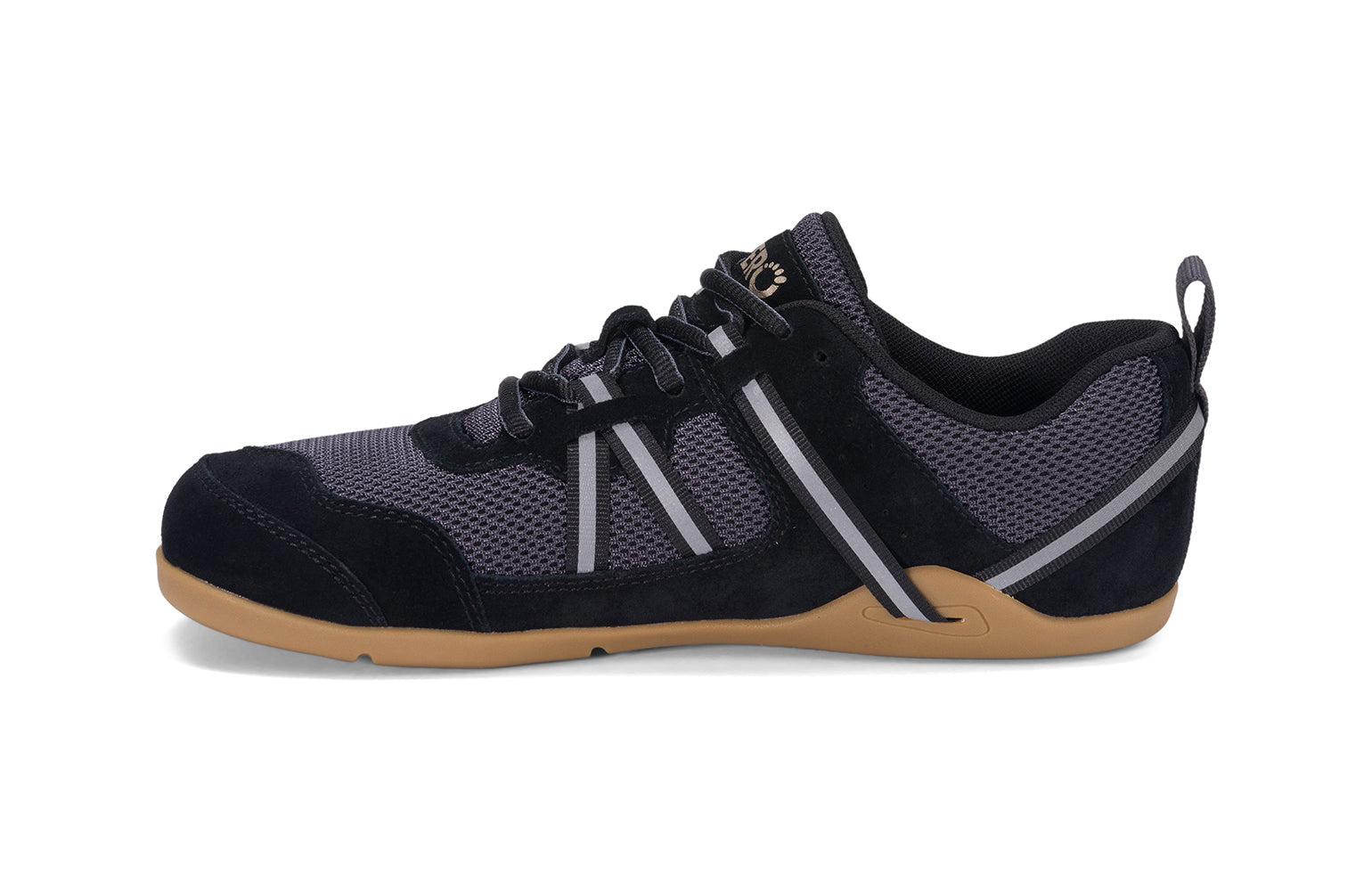 Xero Shoes Canada, specifically women’s barefoot shoes Canada. These minimalist shoes have flexible soles, wide toe boxes, and zero drop. Medial side view of Xero Women's Prio Suede in Black Asphalt. All-purpose "do anything" shoe. 