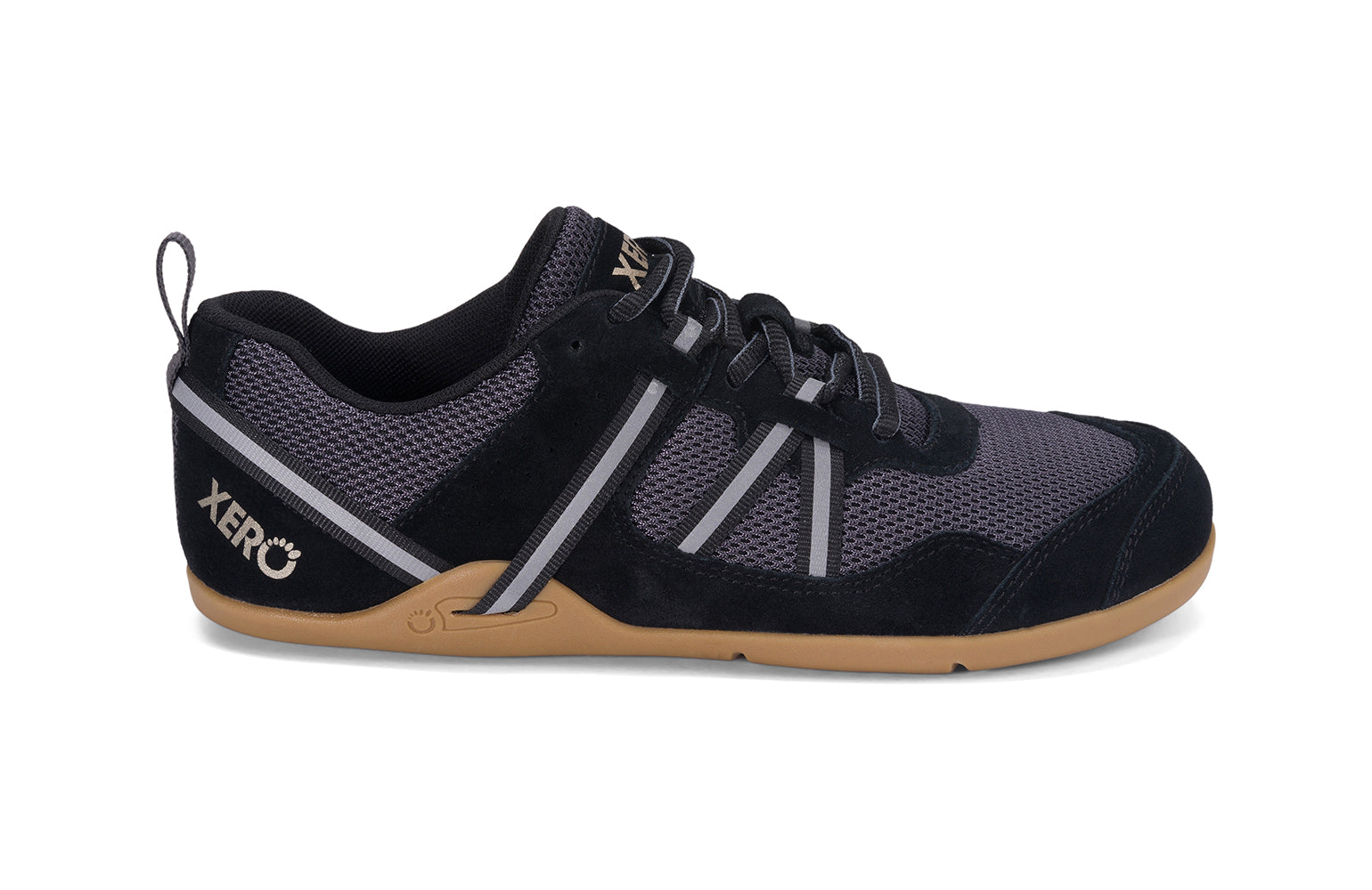 Xero Shoes Canada, specifically women’s barefoot shoes Canada. These minimalist shoes have flexible soles, wide toe boxes, and zero drop. Lateral side view of Xero Women's Prio Suede in Black Asphalt. All-purpose "do anything" shoe. 