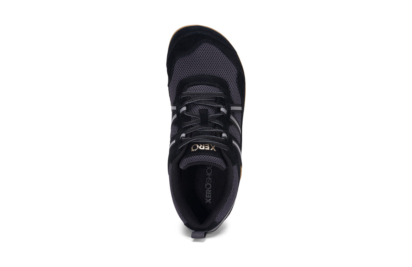 Xero Shoes Canada, specifically women’s barefoot shoes Canada. These minimalist shoes have flexible soles, wide toe boxes, and zero drop. Top view of Xero Women's Prio Suede in Black Asphalt. All-purpose "do anything" shoe. 