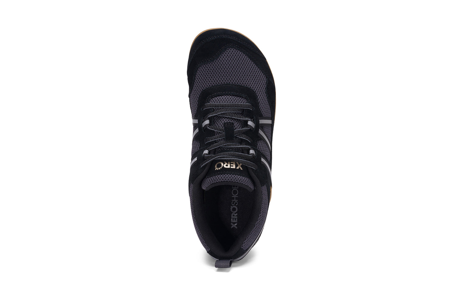 Xero Shoes Canada, specifically women’s barefoot shoes Canada. These minimalist shoes have flexible soles, wide toe boxes, and zero drop. Top view of Xero Women's Prio Suede in Black Asphalt. All-purpose "do anything" shoe. 