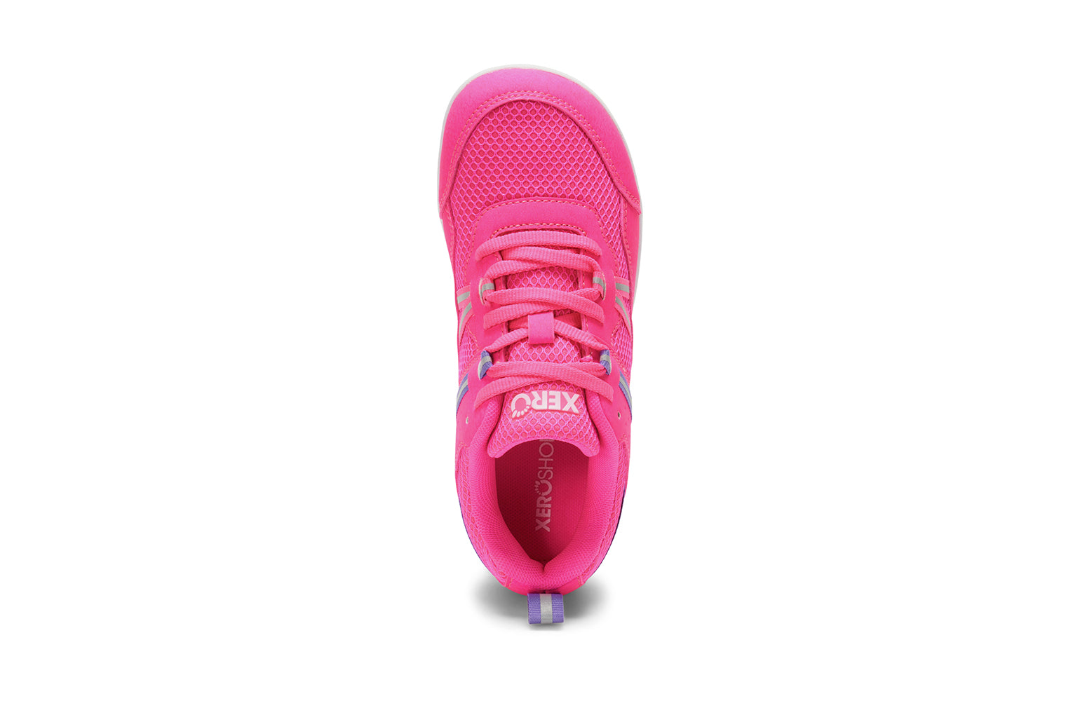 Xero Barefoot Shoes for kids sold in Ontario, Canada. These minimalist shoes have flexible soles, wide toe boxes, and zero drop. Top view of Xero Kid's Prio in Pink. Casual kid's sneaker.