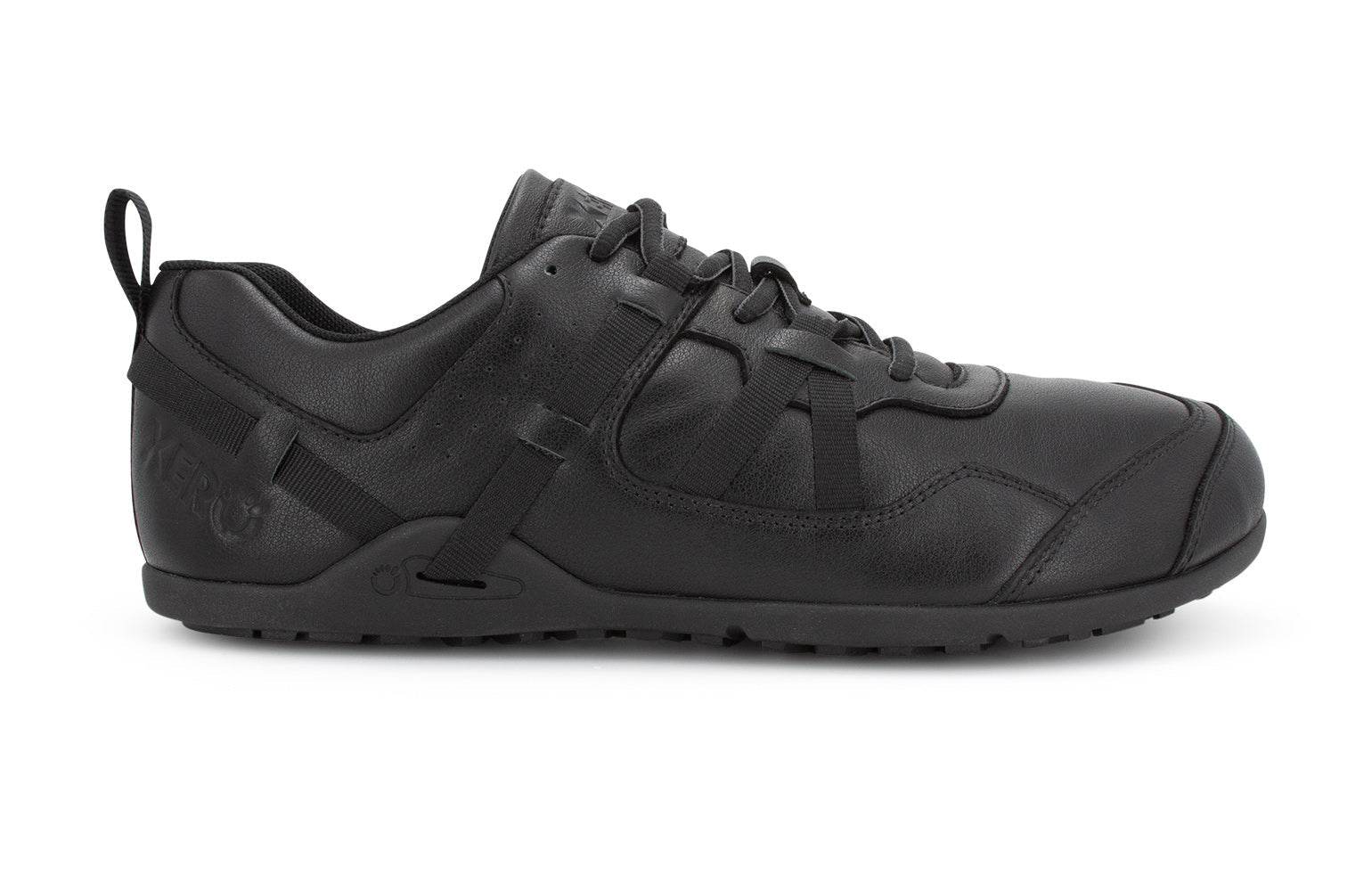 Xero Shoes Canada, specifically men’s barefoot shoes Canada. These minimalist shoes have flexible soles, wide toe boxes, and zero drop. Lateral side view of Xero Men's Prio All-Day SR in Black. Slip resistant work shoe. 
