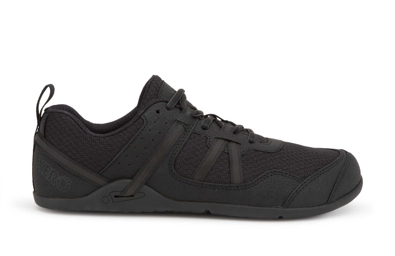 Xero Barefoot Shoes sold in Ontario, Canada. These minimalist shoes have flexible soles, wide toe boxes, and zero drop. Side view of Xero Men's Prio in Black. A running and fitness shoe. 