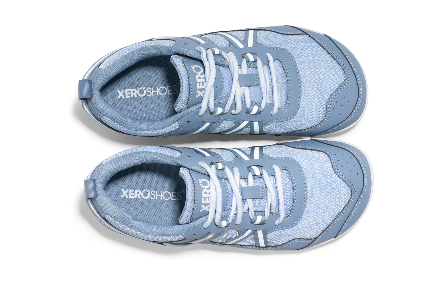 Xero Shoes Canada, specifically women’s barefoot shoes Canada. These minimalist shoes have flexible soles, wide toe boxes, and zero drop. Top view of Xero Women's Prio in Dusty Blue. A running and fitness shoe. 
