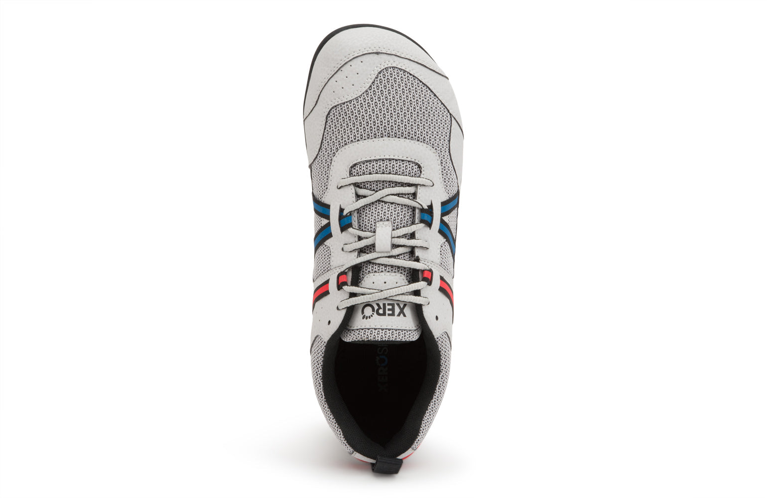 Xero Shoes Canada, specifically men’s barefoot shoes Canada. These minimalist shoes have flexible soles, wide toe boxes, and zero drop. Top view of Xero Men's Prio in Lunar. A running and fitness shoe. 