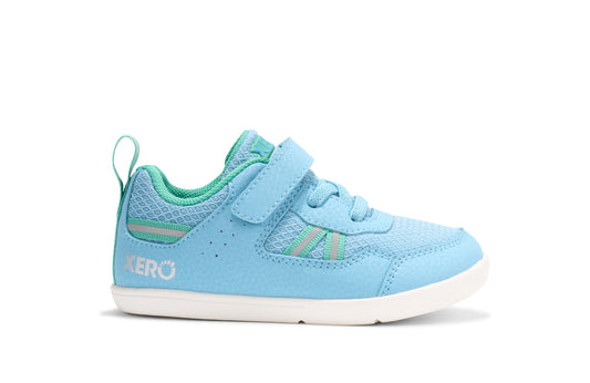 Xero Barefoot Shoes for little kids sold in Ontario, Canada. These minimalist shoes have flexible soles, wide toe boxes, and zero drop. Side view of Xero Little Kid's Prio in Milky Blue. Casual kid's sneaker.