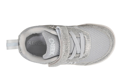 Xero Barefoot Shoes for little kids sold in Ontario, Canada. These minimalist shoes have flexible soles, wide toe boxes, and zero drop. Top view of Xero Little Kid's Prio in Silver Glitter. Casual kid's sneaker.