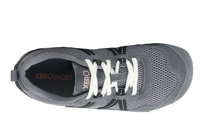 Gray athletic shoe with white laces on a white background, featuring XeroShoes branding.  Tru Stride Co brings Xero Shoes to Canada