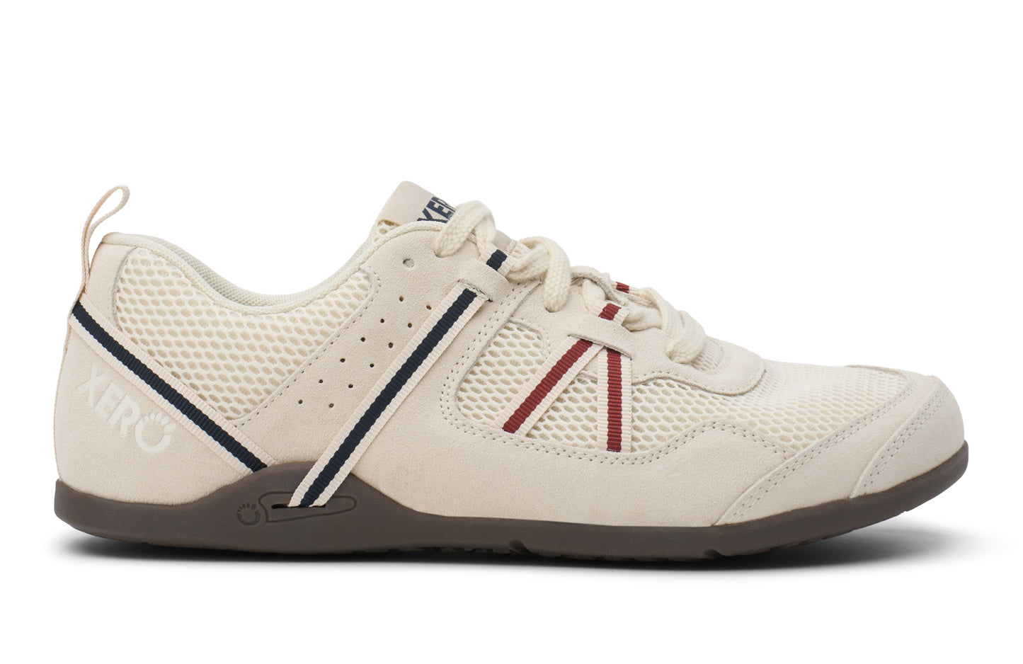 White athletic shoe with red and blue accents on a white background.  Tru Stride Co brings Xero Shoes to Canada