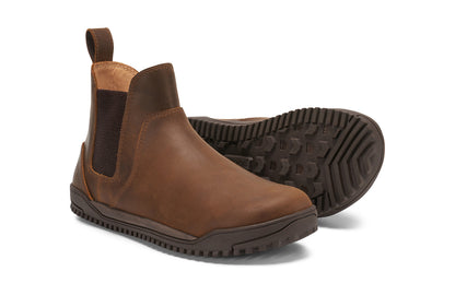 Xero Shoes Canada, specifically women’s barefoot shoes Canada. These minimalist shoes have flexible soles, wide toe boxes, and zero drop. Pair view of Women's Ridgeway Chelsea in Brown, a versatile boot.