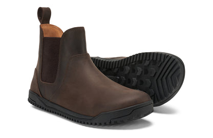 Xero Shoes Canada, specifically men’s barefoot shoes Canada. These minimalist shoes have flexible soles, wide toe boxes, and zero drop. Pair view of Men's Ridgeway Chelsea in Dark Brown, a versatile boot.