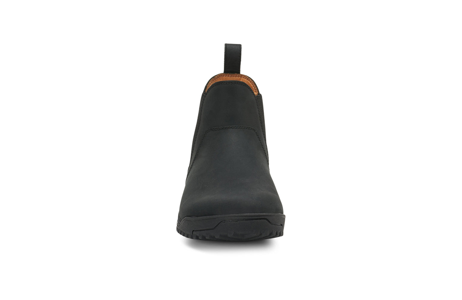 Xero Barefoot Shoes sold in Ontario, Canada. These minimalist shoes have flexible soles, wide toe boxes, and zero drop. Front view of Men's Ridgeway Chelsea in Black, a versatile boot.