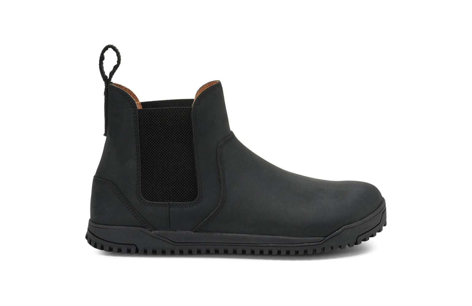 Xero Barefoot Shoes sold in Ontario, Canada. These minimalist shoes have flexible soles, wide toe boxes, and zero drop. Lateral side view of Men's Ridgeway Chelsea in Black, a versatile boot.