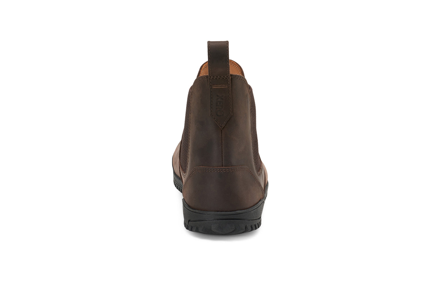 Xero Barefoot Shoes sold in Ontario, Canada. These minimalist shoes have flexible soles, wide toe boxes, and zero drop. Back view of Men's Ridgeway Chelsea in Dark Brown, a versatile boot.