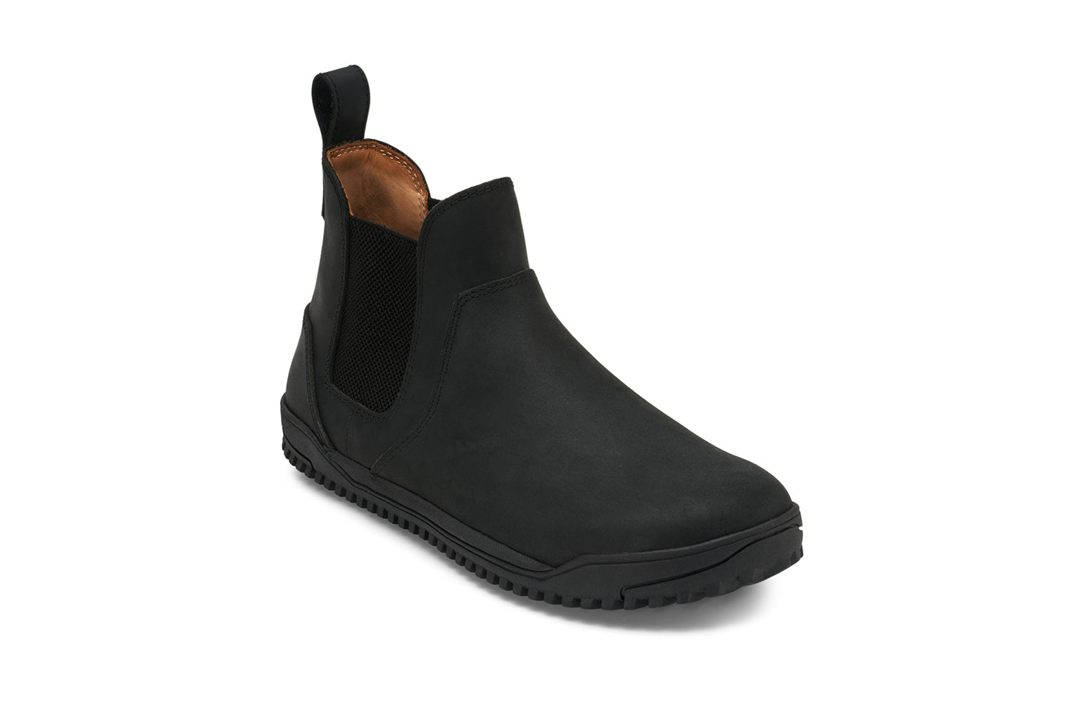 Xero Barefoot Shoes sold in Ontario, Canada. These minimalist shoes have flexible soles, wide toe boxes, and zero drop. Angled view of Women's Ridgeway Chelsea in Black, a versatile boot.