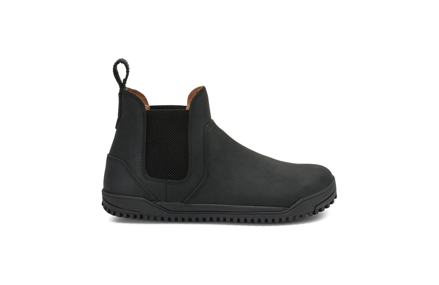 Xero Barefoot Shoes sold in Ontario, Canada. These minimalist shoes have flexible soles, wide toe boxes, and zero drop. Lateral side view of Women's Ridgeway Chelsea in Black, a versatile boot.