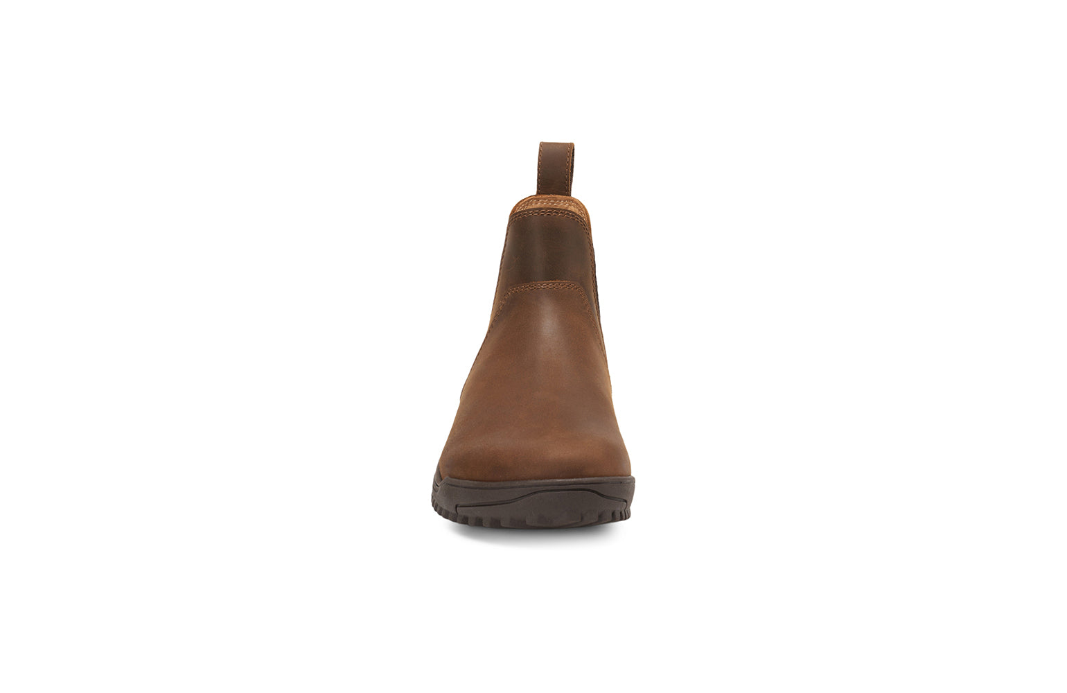 Xero Barefoot Shoes sold in Ontario, Canada. These minimalist shoes have flexible soles, wide toe boxes, and zero drop. Front view of Women's Ridgeway Chelsea in Brown, a versatile boot.