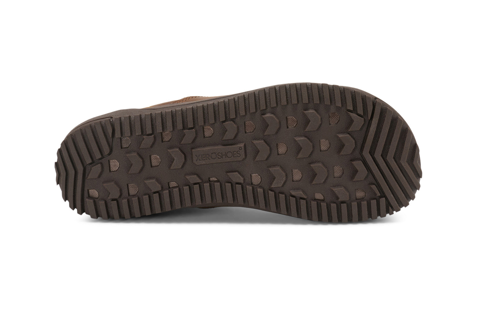 Xero Barefoot Shoes sold in Ontario, Canada. These minimalist shoes have flexible soles, wide toe boxes, and zero drop. Sole view of Women's Ridgeway Chelsea in Brown, a versatile boot.