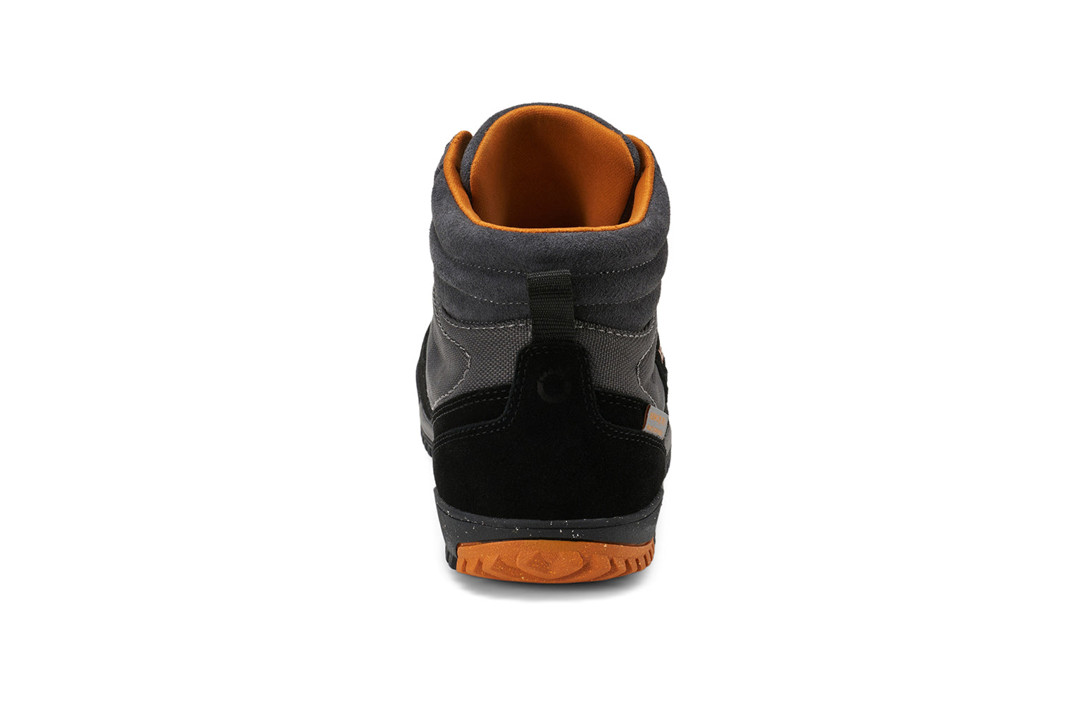 Xero Barefoot Shoes sold in Ontario, Canada. These minimalist shoes have flexible soles, wide toe boxes, and zero drop. Back view of Xero Men's Ridgeway in Black/Asphalt. Retro-Inspired waterproof hiker.  