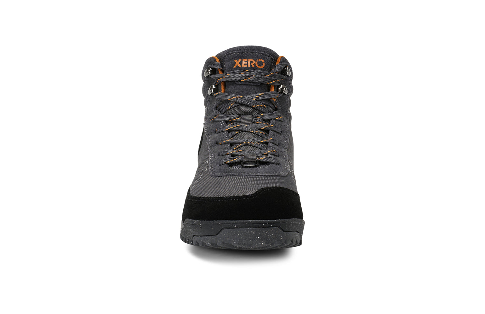 Xero Barefoot Shoes sold in Ontario, Canada. These minimalist shoes have flexible soles, wide toe boxes, and zero drop. Front view of Xero Men's Ridgeway in Black/Asphalt. Retro-Inspired waterproof hiker.  