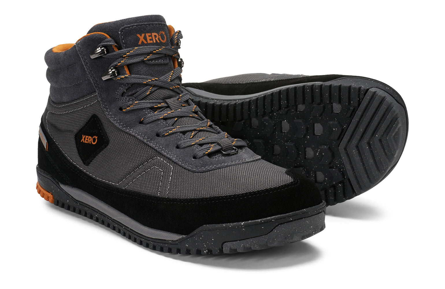 Xero Barefoot Shoes sold in Ontario, Canada. These minimalist shoes have flexible soles, wide toe boxes, and zero drop. Side and sole pair view of Xero Men's Ridgeway in Black/Asphalt. Retro-Inspired waterproof hiker.  