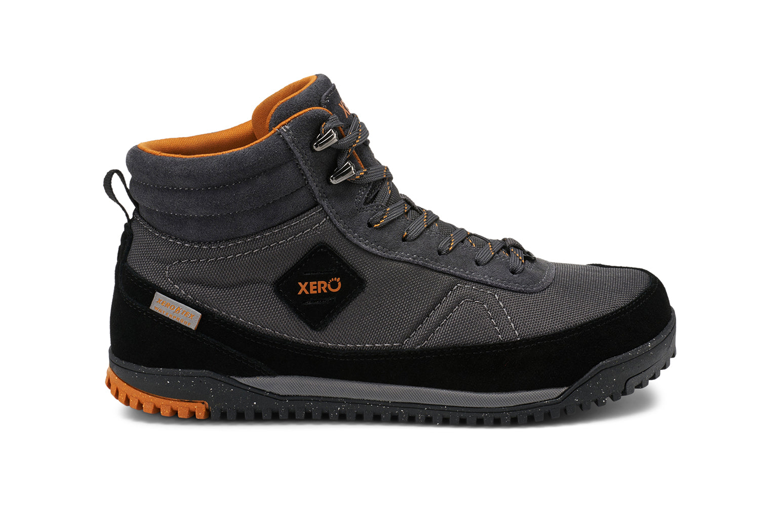 Xero Barefoot Shoes sold in Ontario, Canada. These minimalist shoes have flexible soles, wide toe boxes, and zero drop. Lateral side view of Xero Men's Ridgeway in Black/Asphalt. Retro-Inspired waterproof hiker.  