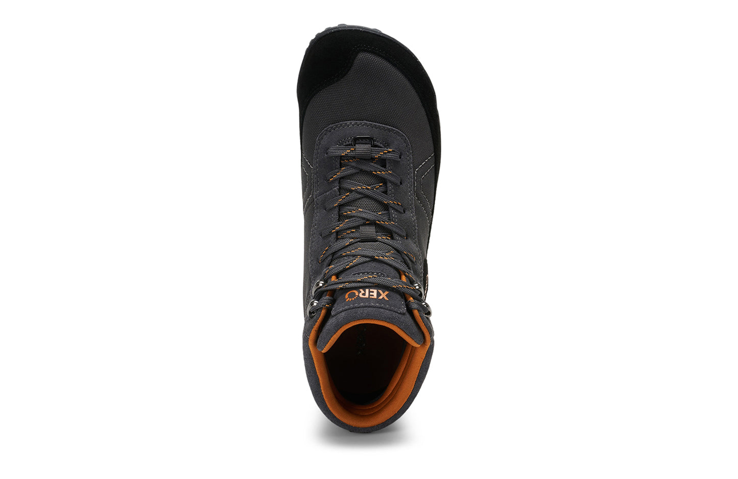 Xero Barefoot Shoes sold in Ontario, Canada. These minimalist shoes have flexible soles, wide toe boxes, and zero drop. Top view of Xero Men's Ridgeway in Black/Asphalt. Retro-Inspired waterproof hiker.  