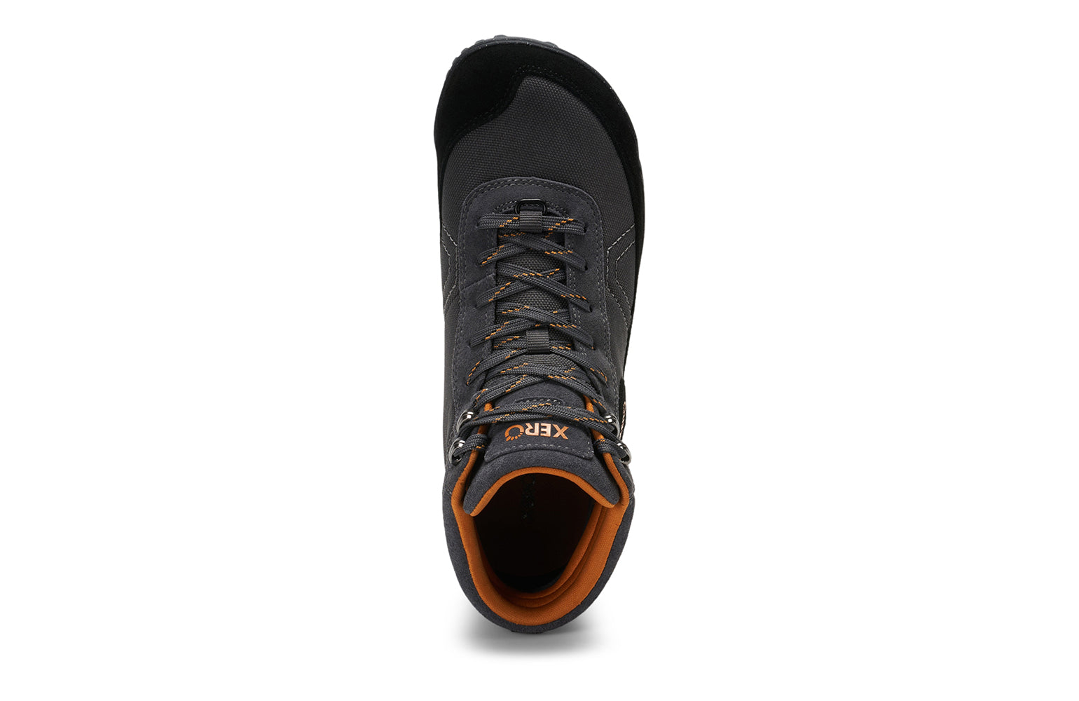 Xero Barefoot Shoes sold in Ontario, Canada. These minimalist shoes have flexible soles, wide toe boxes, and zero drop. Top view of Xero Men's Ridgeway in Black/Asphalt. Retro-Inspired waterproof hiker.  