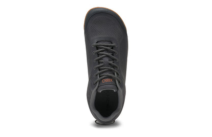 Xero Shoes Canada, specifically barefoot hiking shoes Canada. These minimalist shoes have flexible soles, wide toe boxes, and zero drop. Top view of Xero Men's Ridgeway Mesh Low in Faded Black, a multipurpose hiker.