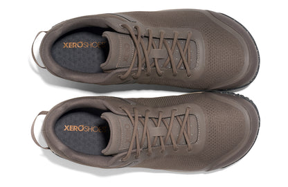Xero Shoes Canada, specifically barefoot hiking shoes Canada. These minimalist shoes have flexible soles, wide toe boxes, and zero drop. Top view of Xero Men's Ridgeway Mesh Low in Morel, a multipurpose hiker.