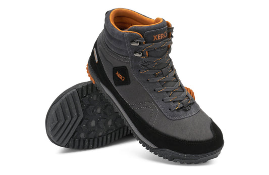 Xero Shoes Canada, specifically barefoot hiking shoes Canada. These minimalist shoes have flexible soles, wide toe boxes, and zero drop. Angled pair view of Xero Men's Ridgeway in Black/Asphalt. Retro-Inspired waterproof hiker.  