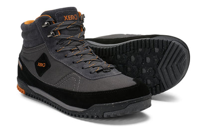 Xero Barefoot Shoes sold in Ontario, Canada. These minimalist shoes have flexible soles, wide toe boxes, and zero drop. Side and sole pair view of Xero Men's Ridgeway in Black/Asphalt. Retro-Inspired waterproof hiker.  