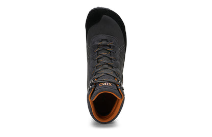 Xero Shoes Canada, specifically barefoot hiking shoes Canada. These minimalist shoes have flexible soles, wide toe boxes, and zero drop. Top view of Xero Men's Ridgeway in Black/Asphalt. Retro-Inspired waterproof hiker.  