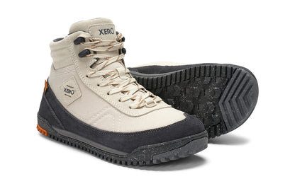 Xero Shoes Canada, specifically barefoot hiking shoes Canada. These minimalist shoes have flexible soles, wide toe boxes, and zero drop. Side and sole pair view of Xero Women's Ridgeway in Fog. Retro-Inspired waterproof hiker.  