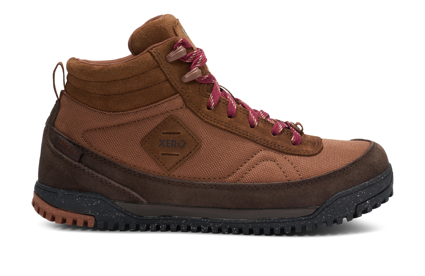 Xero Barefoot Shoes sold in Ontario, Canada. These minimalist shoes have flexible soles, wide toe boxes, and zero drop. Side view of Xero Men's Ridgeway in Rawhide. Retro-Inspired waterproof hiker.  